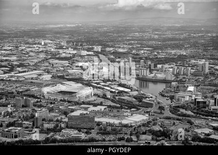 Black and white aerial photo of Manchester United`s Old Trafford Stadium Stock Photo